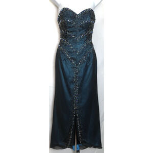 Xcite Strapless Satin Gown Dress 2 Teal iridescent beaded Boned Prom Formal Glam